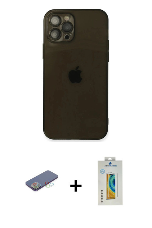 ieg™ iPhone 12 Pro Max Kılıf Ahenk Doku - Siyah Polymer Nano Ekran Koruyucu + Mavi Renkli Kamera Len