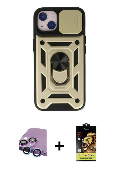 ieg™ iPhone 14 Kılıf Ahenk Klasik - Siyah Buffer Cam Ekran Koruyucu + Mavi Raze Metal Kamera Lens