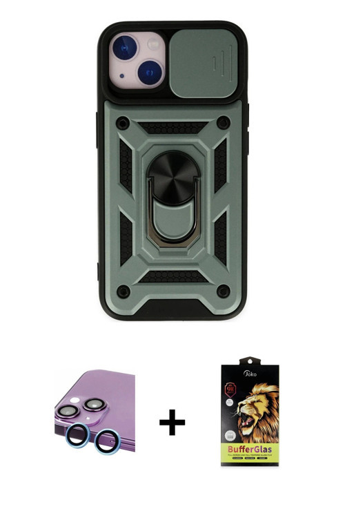 ieg™ iPhone 14 Kılıf Ahenk Klasik - Siyah Buffer Cam Ekran Koruyucu + Mavi Raze Metal Kamera Lens