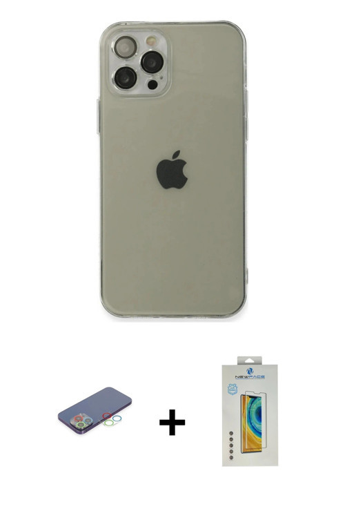 ieg™ iPhone 12 Pro Max Kılıf Ahenk Doku - Siyah Polymer Nano Ekran Koruyucu + Mavi Renkli Kamera Len