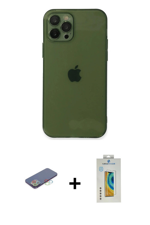 ieg™ iPhone 12 Pro Max Kılıf Ahenk Doku - Siyah Polymer Nano Ekran Koruyucu + Mavi Renkli Kamera Len