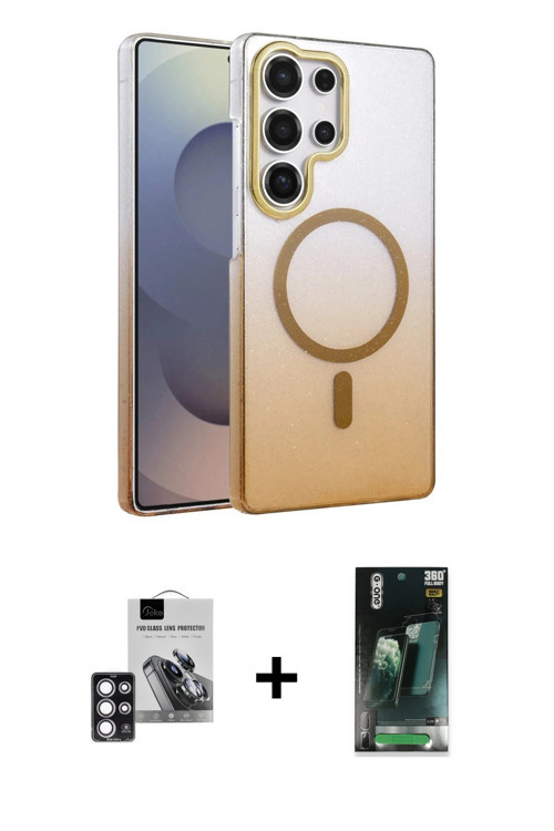 ieg™ Galaxy S24 Ultra Kılıf Ahenk Doku Özel Seri - Siyah 360 Mat Full Body Arka Koruyucu + Pembe PVD