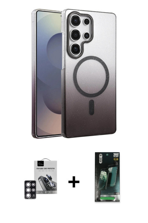 ieg™ Galaxy S24 Ultra Kılıf Ahenk Doku Özel Seri - Siyah 360 Mat Full Body Arka Koruyucu + Pembe PVD