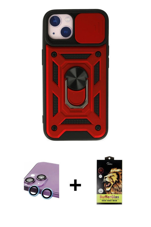 ieg™ iPhone 14 Kılıf Ahenk Klasik - Siyah Buffer Cam Ekran Koruyucu + Mavi Raze Metal Kamera Lens