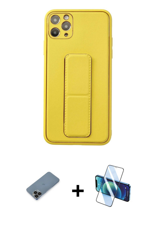 ieg™ iPhone 11 Pro Max Kılıf Akış Doku - Siyah 3D Antistatik Cam Ekran Koruyucu + Siyah Metal Kamera