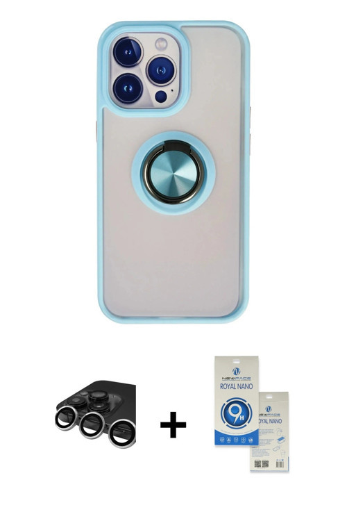 ieg™ iPhone 15 Pro Kılıf Yörünge Çizgi - Şeffaf Royal Nano Ekran Koruyucu + Gümüş Raze Metal Kamera