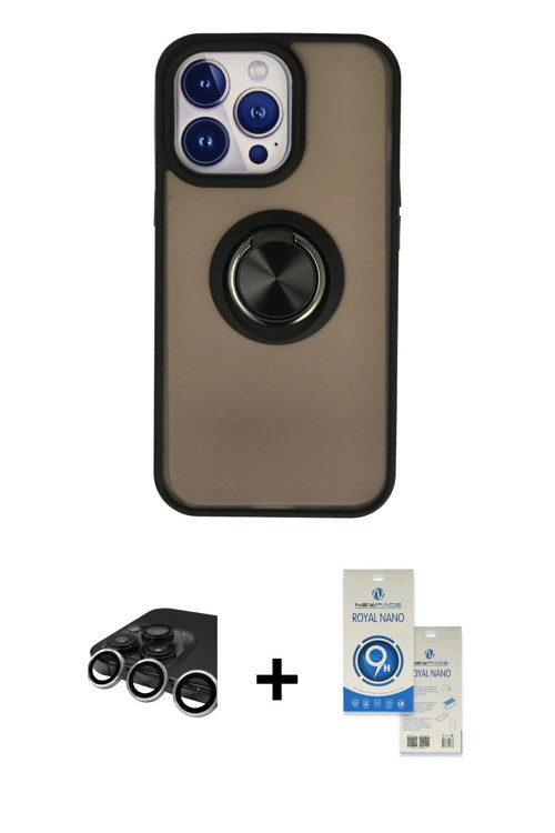 ieg™ iPhone 15 Pro Kılıf Yörünge Çizgi - Şeffaf Royal Nano Ekran Koruyucu + Gümüş Raze Metal Kamera