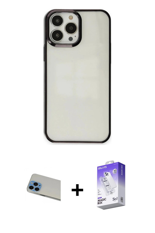 ieg™ iPhone 13 Pro Max Kılıf Doruk Doku Prime - Siyah Bilvis 5in1 3D Magic Cam Ekran Koruyucu + Mavi