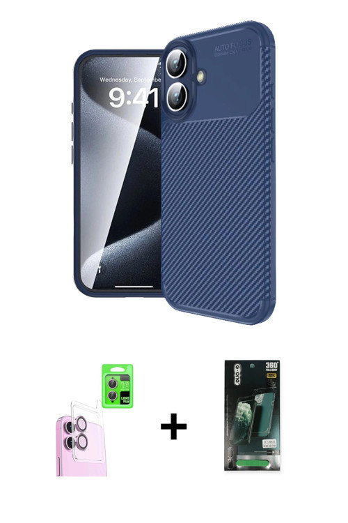 ieg™ iPhone 16 Kılıf Eksen Form Prime - Siyah 360 Mat Full Body Arka Koruyucu + Pembe Raze Metal Kam