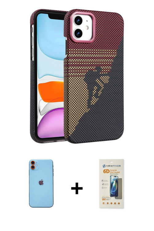 ieg™ iPhone 11 Kılıf Doruk Serisi - Siyah 6D Mat Seramik Hayalet Nano Ekran Koruyucu + Turuncu Neon