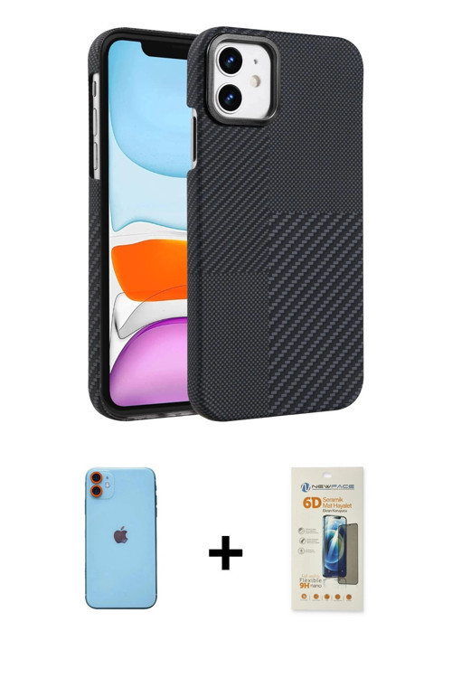 ieg™ iPhone 11 Kılıf Doruk Serisi - Siyah 6D Mat Seramik Hayalet Nano Ekran Koruyucu + Turuncu Neon