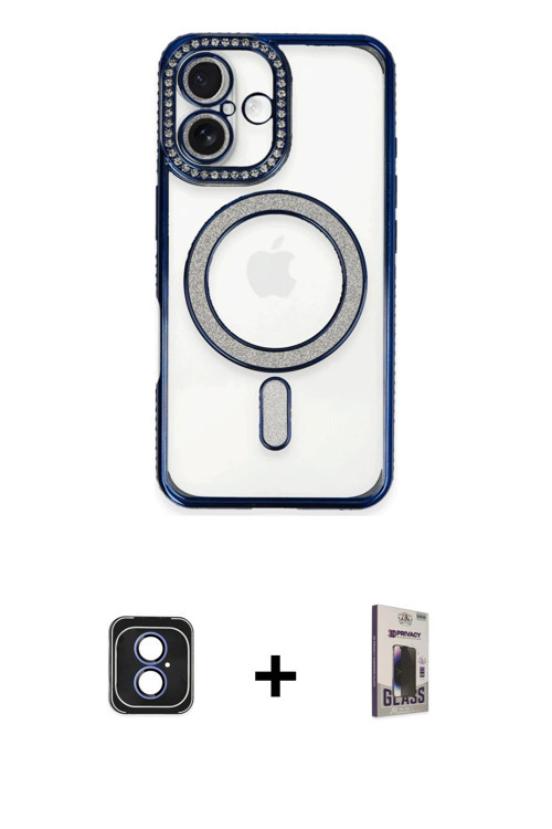 ieg™ iPhone 16 Kılıf Zirve Doku Prime - Siyah Bilvis Hayalet Cam Ekran Koruyucu + Mavi PVD Metal Kam
