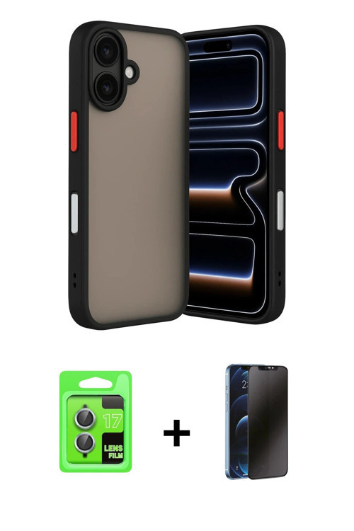 ieg™ iPhone 17 Kılıf Ahenk Çizgi Serisi - Siyah 3D Antistatik Hayalet Cam Ekran Koruyucu + Açık Mavi