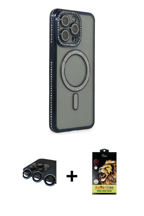 ieg™ iPhone 15 Pro Kılıf Zirve Doku Prime - Siyah Buffer Cam Ekran Koruyucu + Lacivert Raze Metal Ka