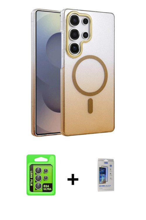 ieg™ Galaxy S24 Ultra Kılıf Ahenk Doku Özel Seri - Siyah Durable Full Glue Curved Cam + Gri Raze Met