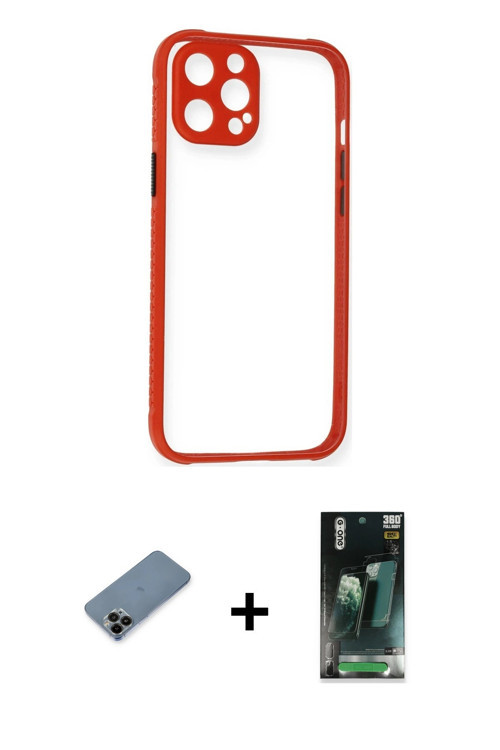 ieg™ iPhone 12 Pro Kılıf Nova Asil Özel Seri - Şeffaf 360 Full Body Arka Koruyucu + Siyah Shine Kame