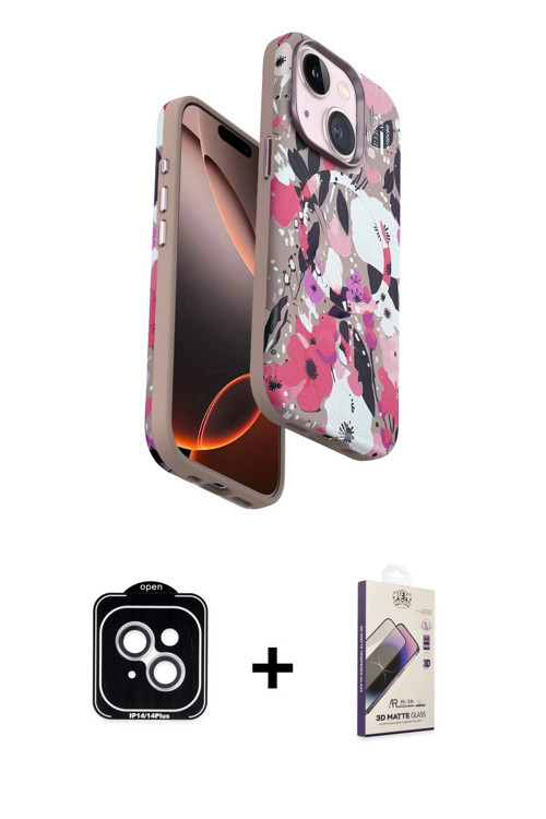ieg™ iPhone 14 Kılıf Siluet Doku - Siyah Bilvis 3D Mat Cam Ekran Koruyucu + Gümüş PVD Metal Kamera L