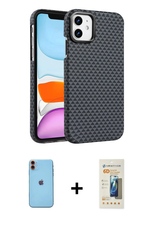 ieg™ iPhone 11 Kılıf Doruk Serisi - Siyah 6D Mat Seramik Hayalet Nano Ekran Koruyucu + Turuncu Neon