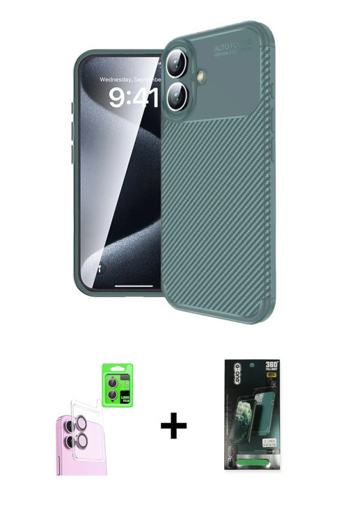 ieg™ iPhone 16 Kılıf Eksen Form Prime - Siyah 360 Mat Full Body Arka Koruyucu + Pembe Raze Metal Kam