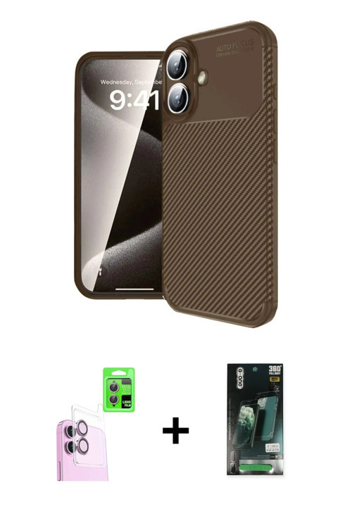 ieg™ iPhone 16 Kılıf Eksen Form Prime - Siyah 360 Mat Full Body Arka Koruyucu + Pembe Raze Metal Kam