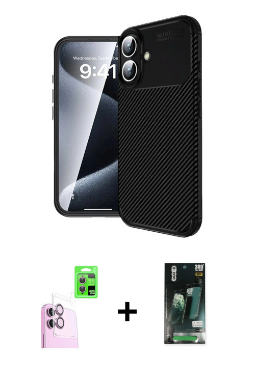 ieg™ iPhone 16 Kılıf Eksen Form Prime - Siyah 360 Mat Full Body Arka Koruyucu + Pembe Raze Metal Kam