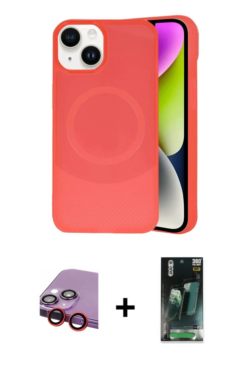 ieg™ iPhone 14 Kılıf Ufuk Serisi - Şeffaf 360 Full Body Arka Koruyucu + Kırmızı Raze Metal Kamera Le