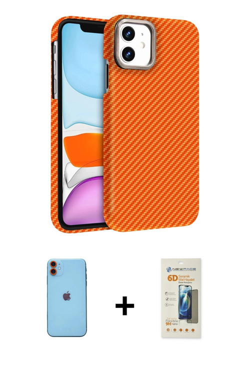 ieg™ iPhone 11 Kılıf Doruk Serisi - Siyah 6D Mat Seramik Hayalet Nano Ekran Koruyucu + Turuncu Neon