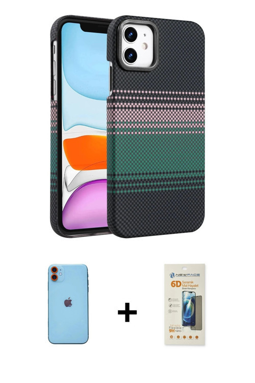 ieg™ iPhone 11 Kılıf Doruk Serisi - Siyah 6D Mat Seramik Hayalet Nano Ekran Koruyucu + Turuncu Neon