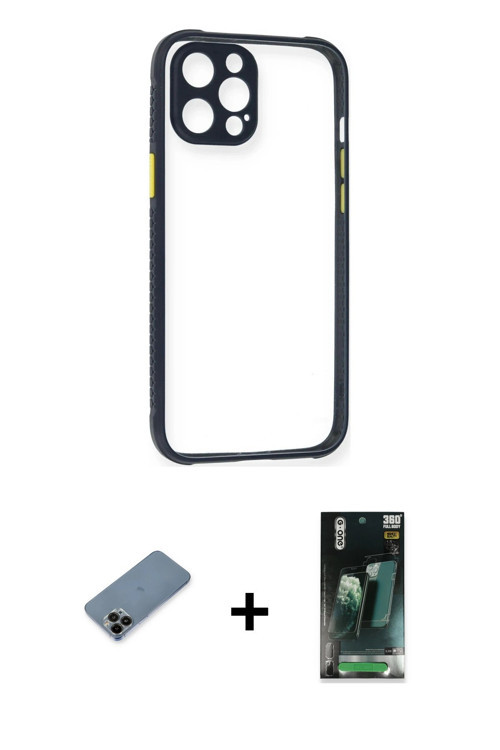 ieg™ iPhone 12 Pro Kılıf Nova Asil Özel Seri - Şeffaf 360 Full Body Arka Koruyucu + Siyah Shine Kame