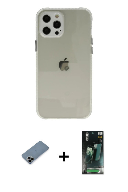 ieg™ iPhone 12 Pro Kılıf Nova Asil Özel Seri - Şeffaf 360 Full Body Arka Koruyucu + Siyah Shine Kame