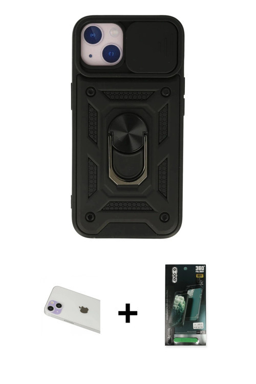 ieg™ iPhone 13 Kılıf Ahenk Klasik - Şeffaf 360 Full Body Arka Koruyucu + Mor Rainbow Kamera Lens Kor
