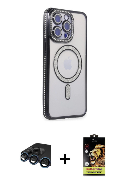 ieg™ iPhone 15 Pro Kılıf Zirve Doku Prime - Siyah Buffer Cam Ekran Koruyucu + Lacivert Raze Metal Ka