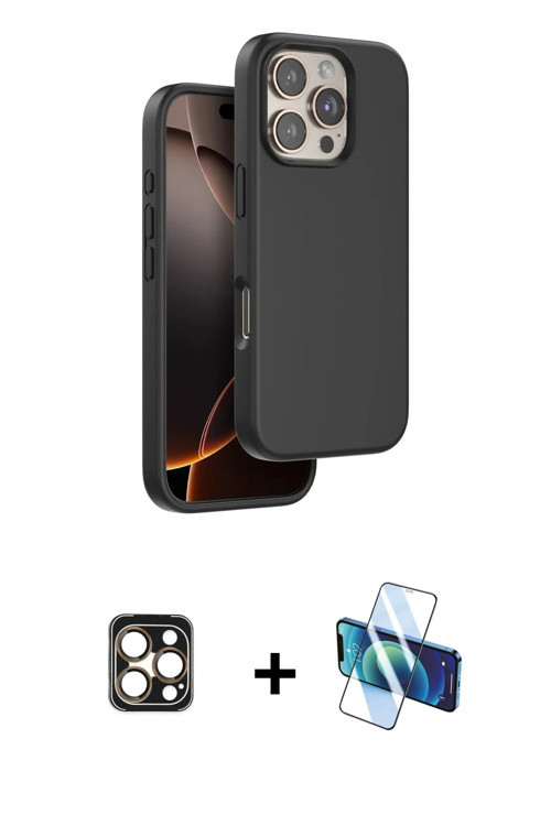 ieg™ iPhone 16 Pro Max Kılıf Kıvılcım Çizgi Serisi - Siyah 3D Antistatik Cam Ekran Koruyucu + Gold P
