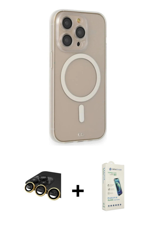 ieg™ iPhone 14 Pro Kılıf Siluet Işık Koleksiyonu - Şeffaf Pasifik Cam Ekran Koruyucu + Gold Raze Met