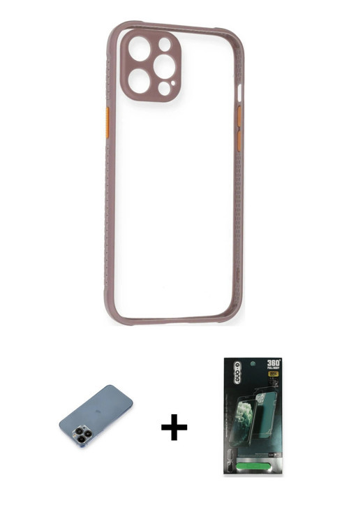 ieg™ iPhone 12 Pro Kılıf Nova Asil Özel Seri - Şeffaf 360 Full Body Arka Koruyucu + Siyah Shine Kame