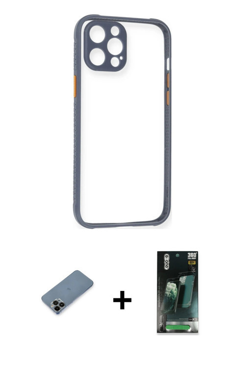 ieg™ iPhone 12 Pro Kılıf Nova Asil Özel Seri - Şeffaf 360 Full Body Arka Koruyucu + Siyah Shine Kame