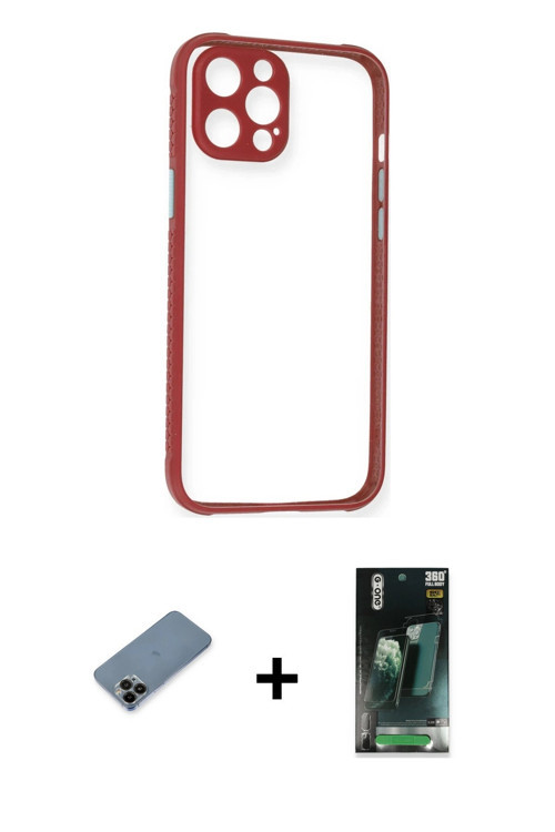 ieg™ iPhone 12 Pro Kılıf Nova Asil Özel Seri - Şeffaf 360 Full Body Arka Koruyucu + Siyah Shine Kame