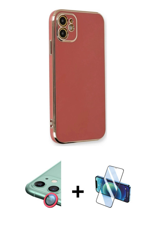 ieg™ iPhone 11 Kılıf Yankı Serisi - Siyah 3D Antistatik Cam Ekran Koruyucu + Kırmızı Raze Metal Kame