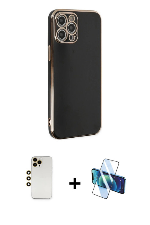 ieg™ iPhone 12 Pro Max Kılıf Yankı Serisi - Siyah 3D Antistatik Seramik Nano Ekran Koruyucu + Gold S
