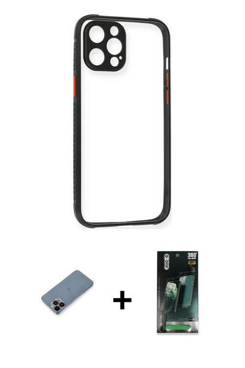 ieg™ iPhone 12 Pro Kılıf Nova Asil Özel Seri - Şeffaf 360 Full Body Arka Koruyucu + Siyah Shine Kame