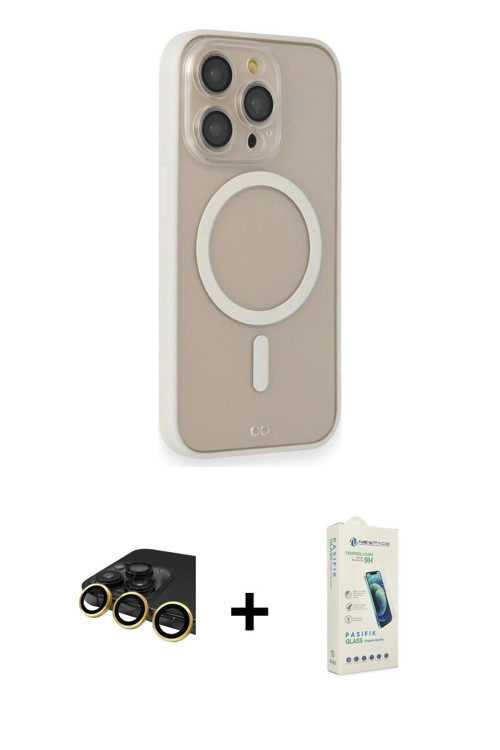 ieg™ iPhone 14 Pro Kılıf Siluet Işık Koleksiyonu - Şeffaf Pasifik Cam Ekran Koruyucu + Gold Raze Met