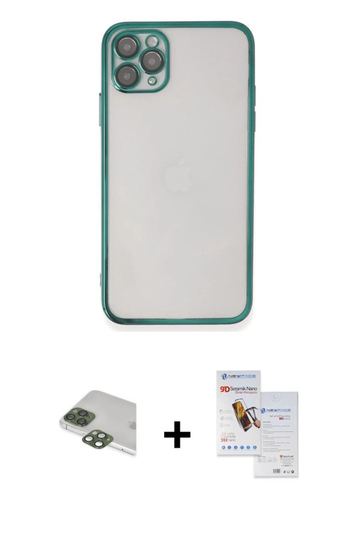 ieg™ iPhone 11 Pro Max Kılıf Vadi Minimal - Siyah Seramik Nano Ekran Koruyucu + Yeşil Pers Alüminyum
