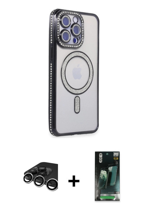 ieg™ iPhone 15 Pro Max Kılıf Zirve Doku Prime - Siyah 360 Mat Full Body Arka Koruyucu + Gümüş Raze M