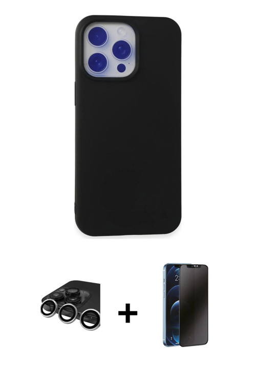 ieg™ iPhone 15 Pro Max Kılıf Ahenk Serisi - Siyah 3D Antistatik Hayalet Cam Ekran Koruyucu + Gümüş R