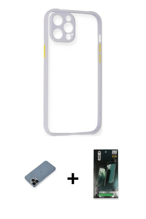 ieg™ iPhone 12 Pro Kılıf Nova Asil Özel Seri - Şeffaf 360 Full Body Arka Koruyucu + Siyah Shine Kame