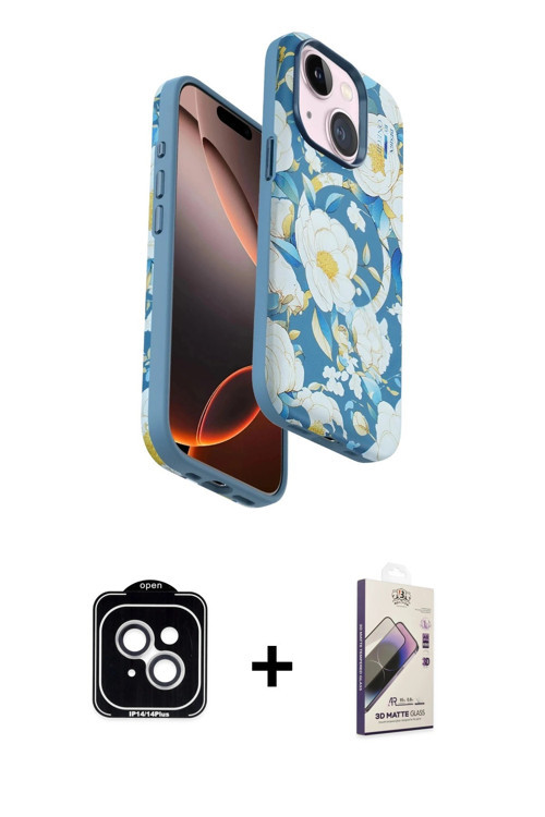 ieg™ iPhone 14 Kılıf Siluet Doku - Siyah Bilvis 3D Mat Cam Ekran Koruyucu + Gümüş PVD Metal Kamera L