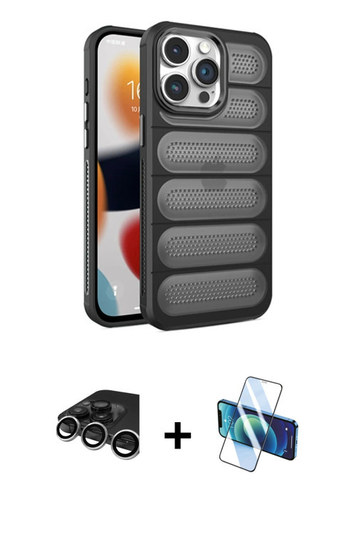 ieg™ iPhone 15 Pro Kılıf Yadigar Doku Özel Seri - Siyah 3D Antistatik Seramik Nano Ekran Koruyucu +