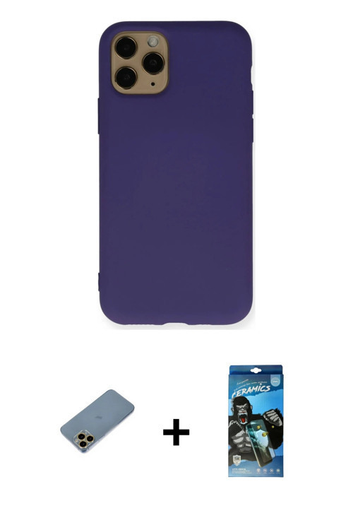 ieg™ iPhone 11 Pro Kılıf Ahenk Serisi - Siyah 34D Izgaralı Cam + Gold Shine Kamera Lens Koruma Cam