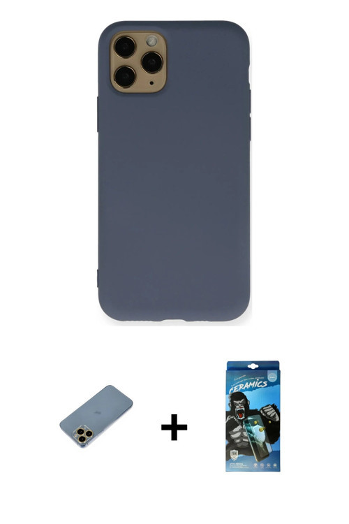 ieg™ iPhone 11 Pro Kılıf Ahenk Serisi - Siyah 34D Izgaralı Cam + Gold Shine Kamera Lens Koruma Cam