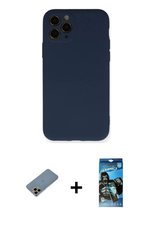 ieg™ iPhone 11 Pro Kılıf Ahenk Serisi - Siyah 34D Izgaralı Cam + Gold Shine Kamera Lens Koruma Cam